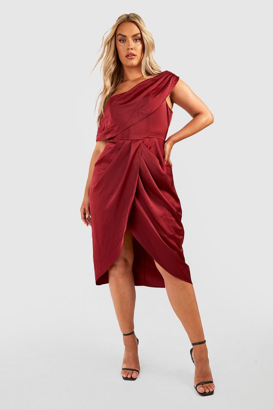 Berry Plus Satin Corset Shoulder Wrap Midi Dress 