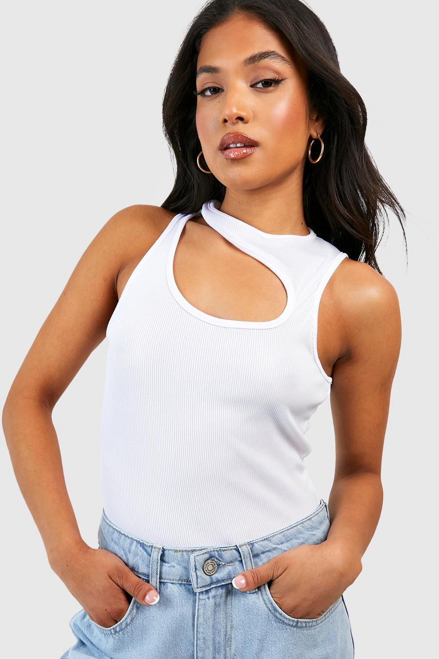 White Petite Ribbad body med cut-outs