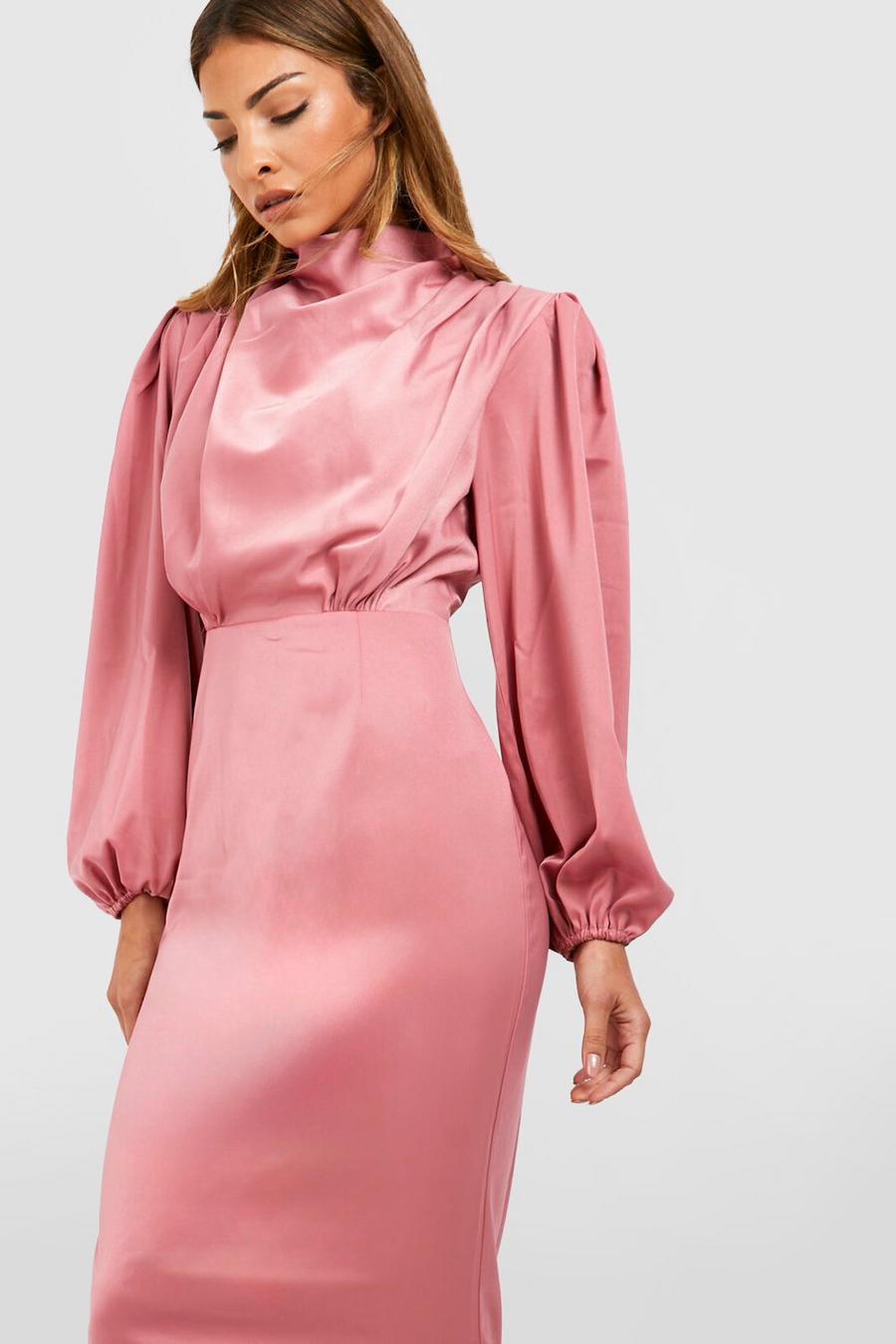 Rose Satin Cowl Neck Split Maxi Dress