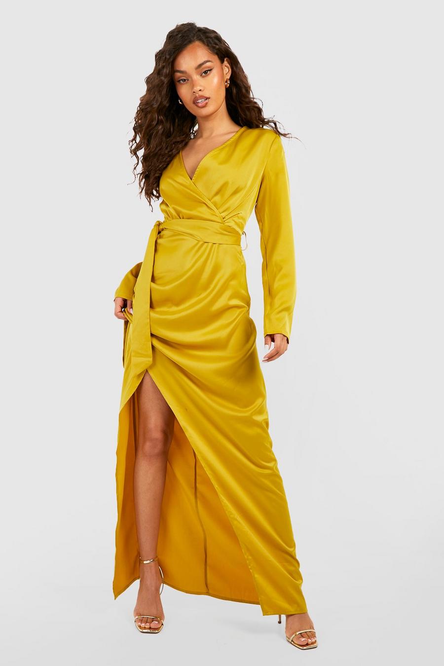Mustard Satin Long Sleeve Wrap Front Maxi Dress