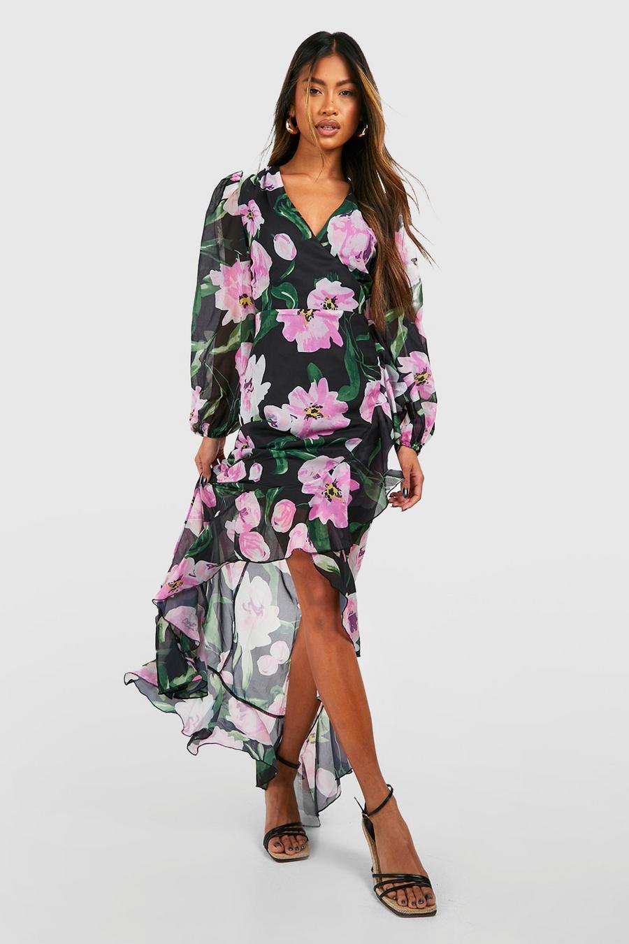 Vestito maxi in chiffon a fiori con volant, Black