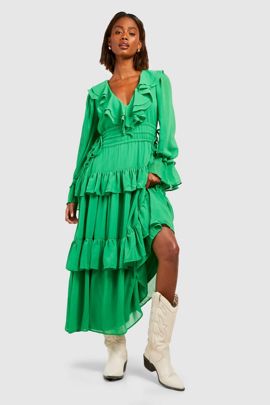 Bright green Chiffon Ruffle Detail Midaxi Smock Dress