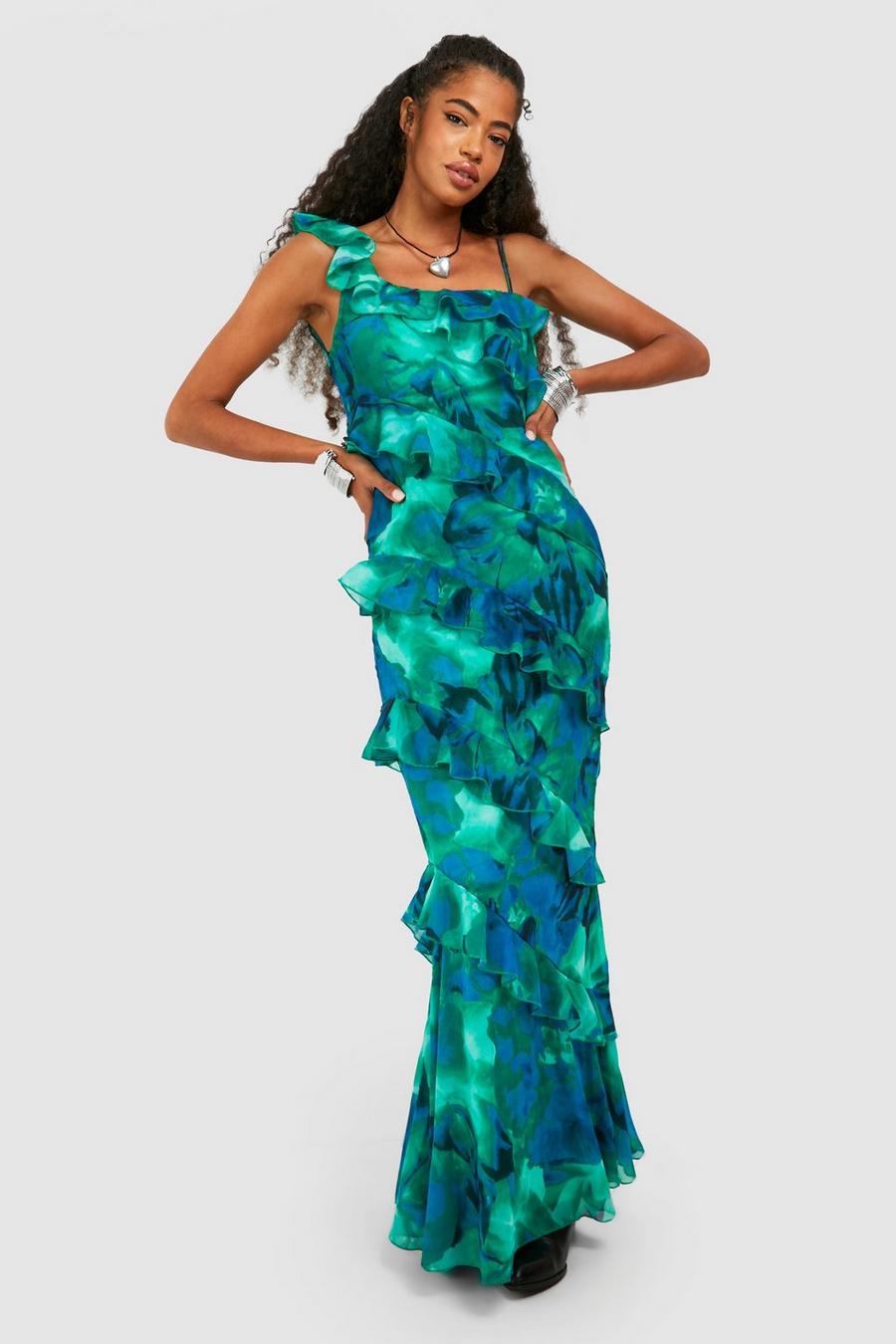 Green Floral Ruffle Chiffon Asymmetric Maxi Dress