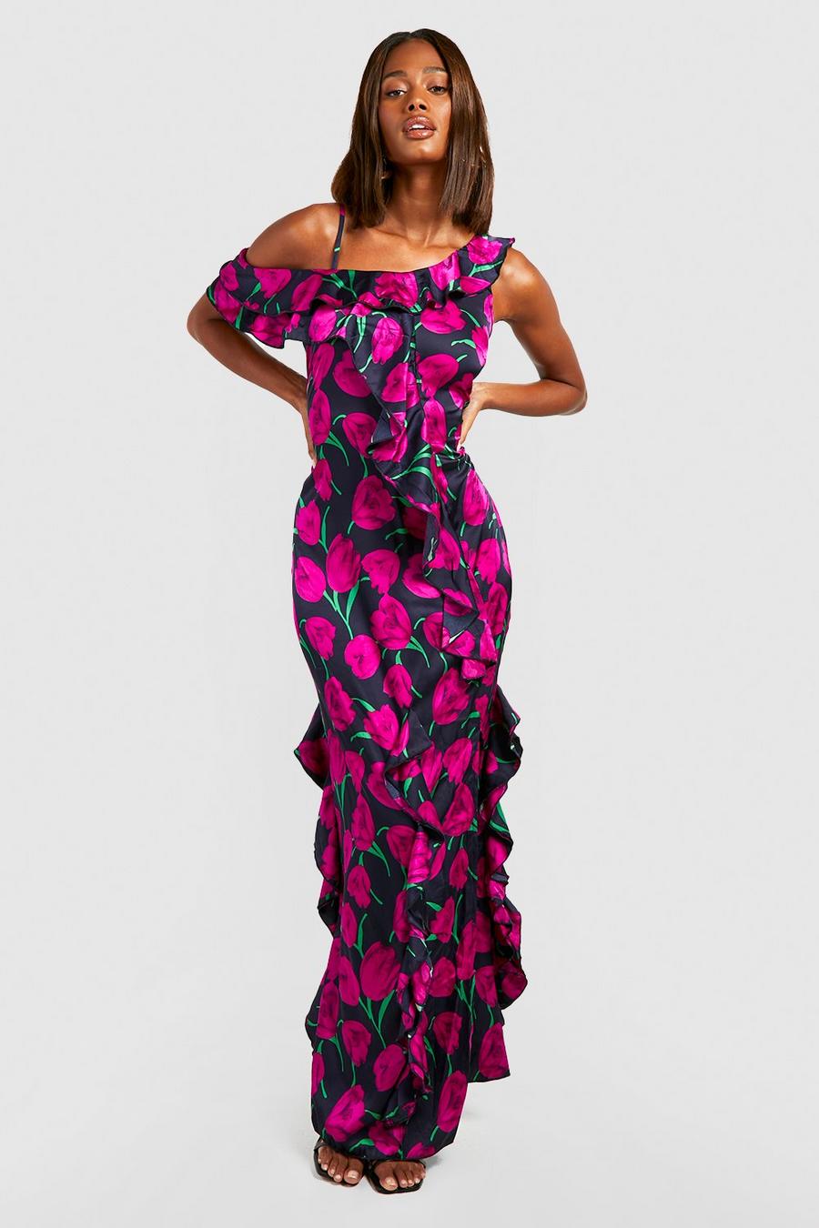 Black Satin Ruffle Floral Maxi Dress image number 1