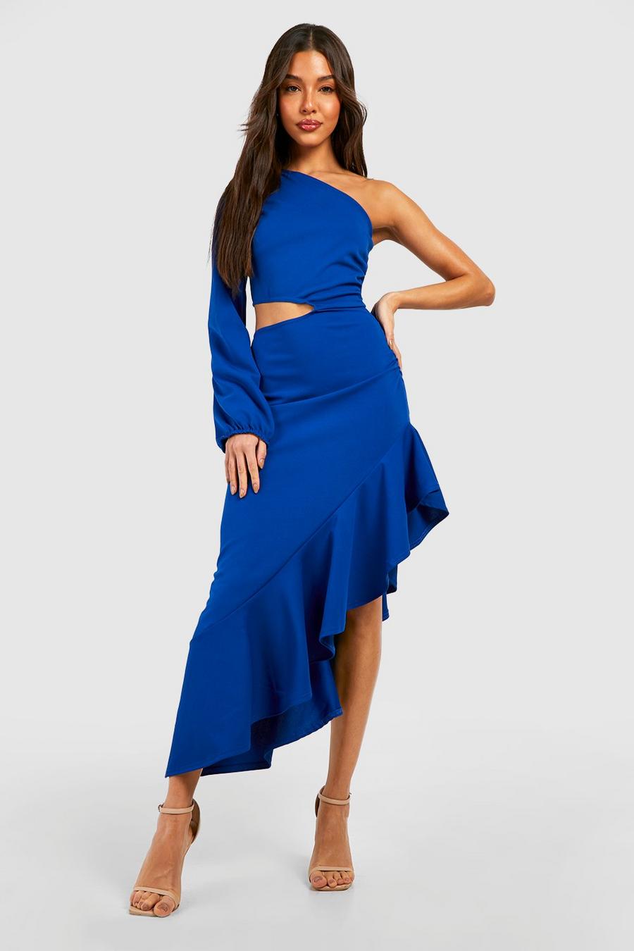 Cobalt Puff Sleeve One Shoulder Cut Out Ruffle Maxi Dress