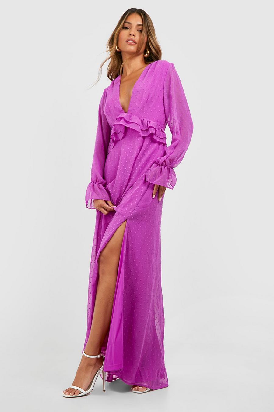 Vestito maxi in rete plumetis con scollo profondo e dettagli arricciati, Purple