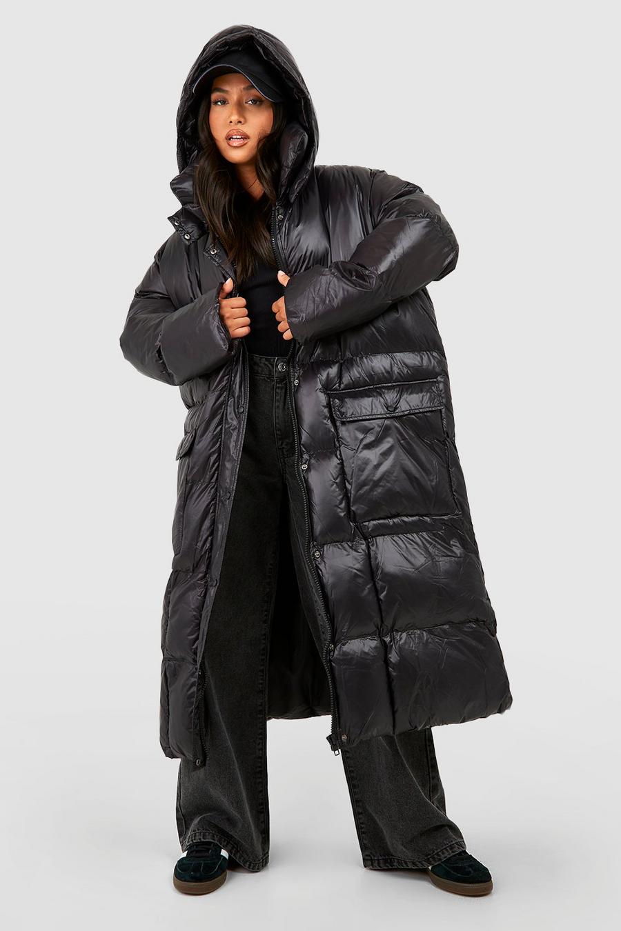 Black Petite Oversized Hooded Square Quilt Detail Maxi Puffer image number 1