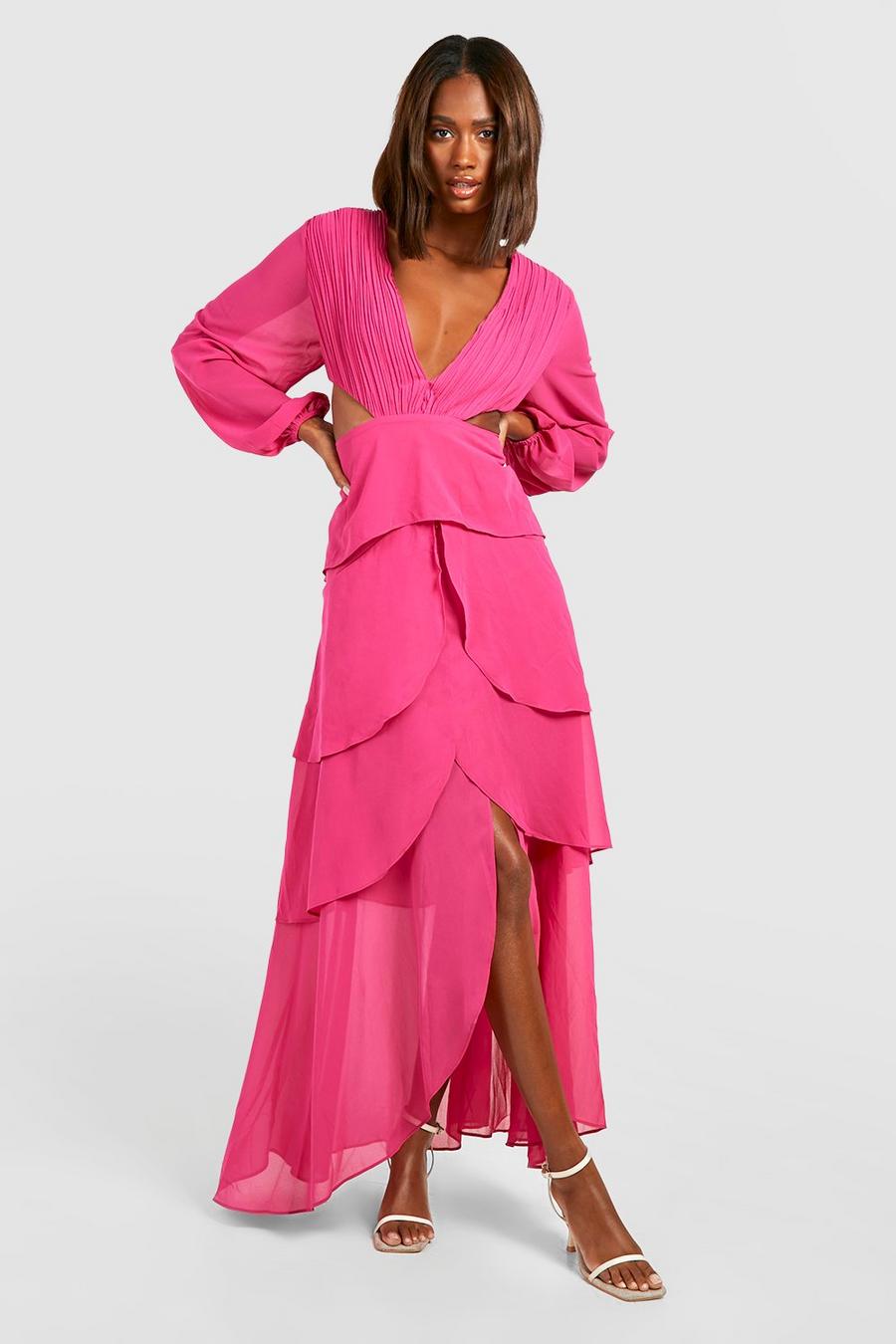 Bright pink Chiffon Ruffle Cut Out Maxi Dress