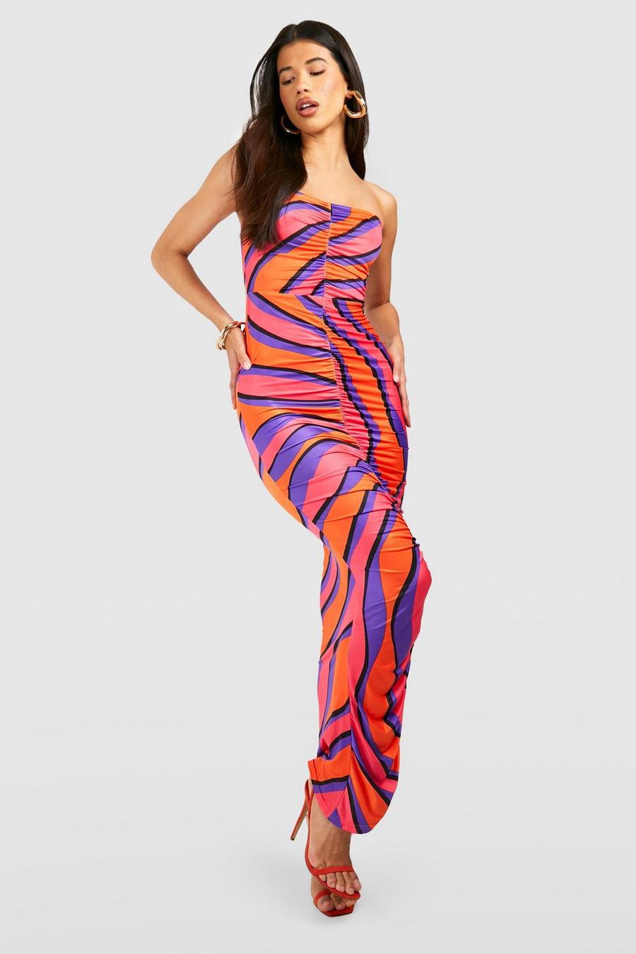 Orange Tall Bright Abstract Ripple Ruched Midi Dress image number 1