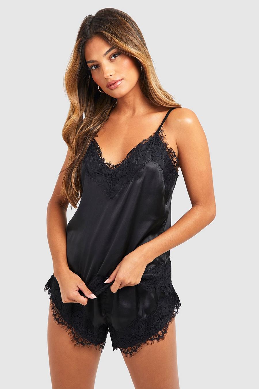 Pyjama satiné à dentelle avec débardeur et short, Black