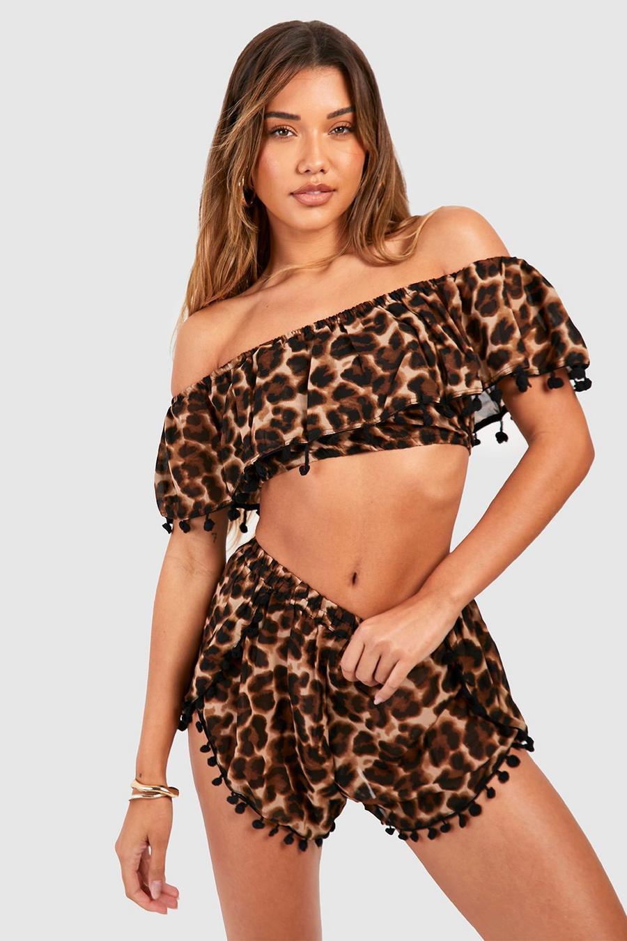 Brown Leopard Chiffon Pom Pom Beach Co Ord image number 1