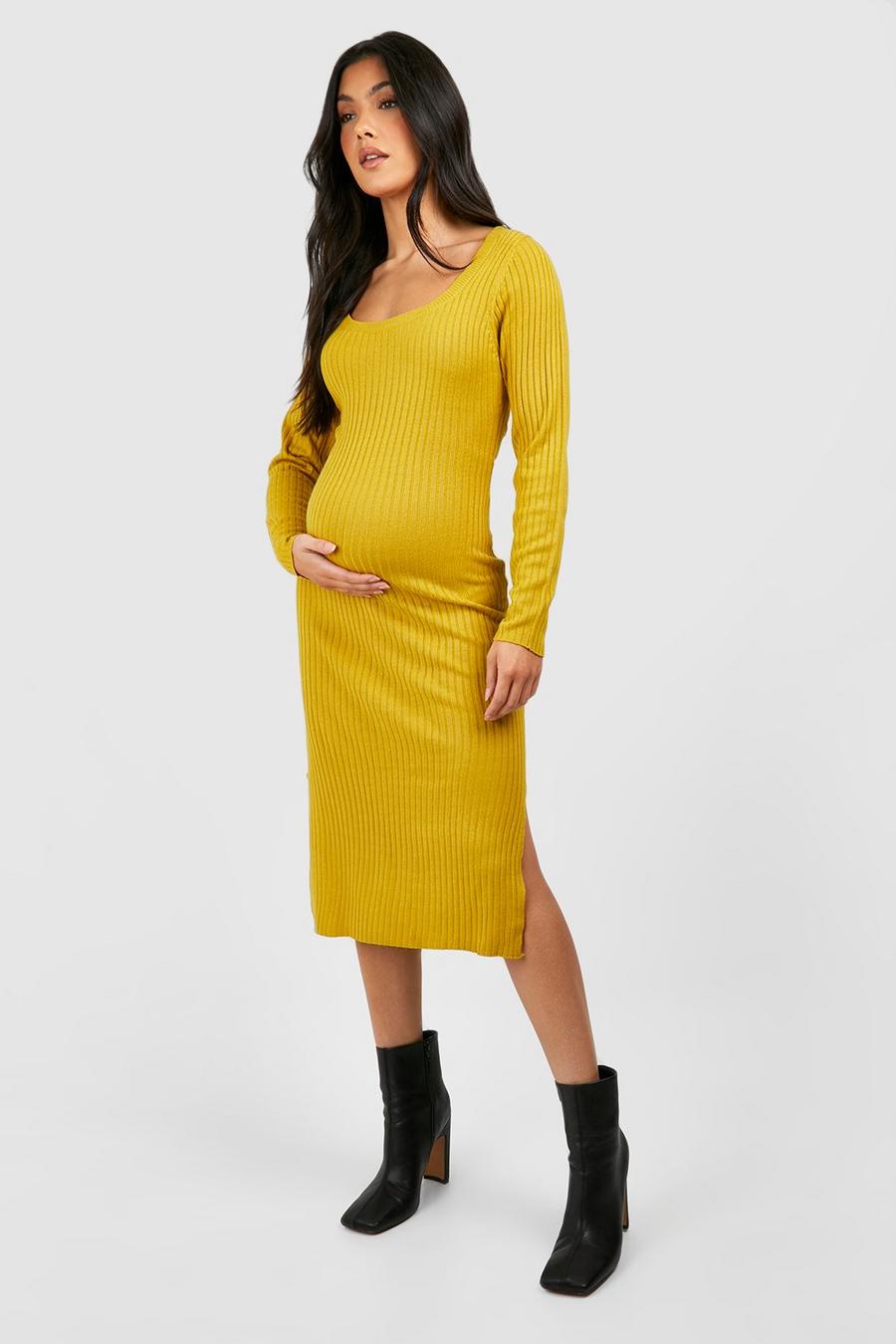 Olive Maternity Split Knitted Midi Dress image number 1