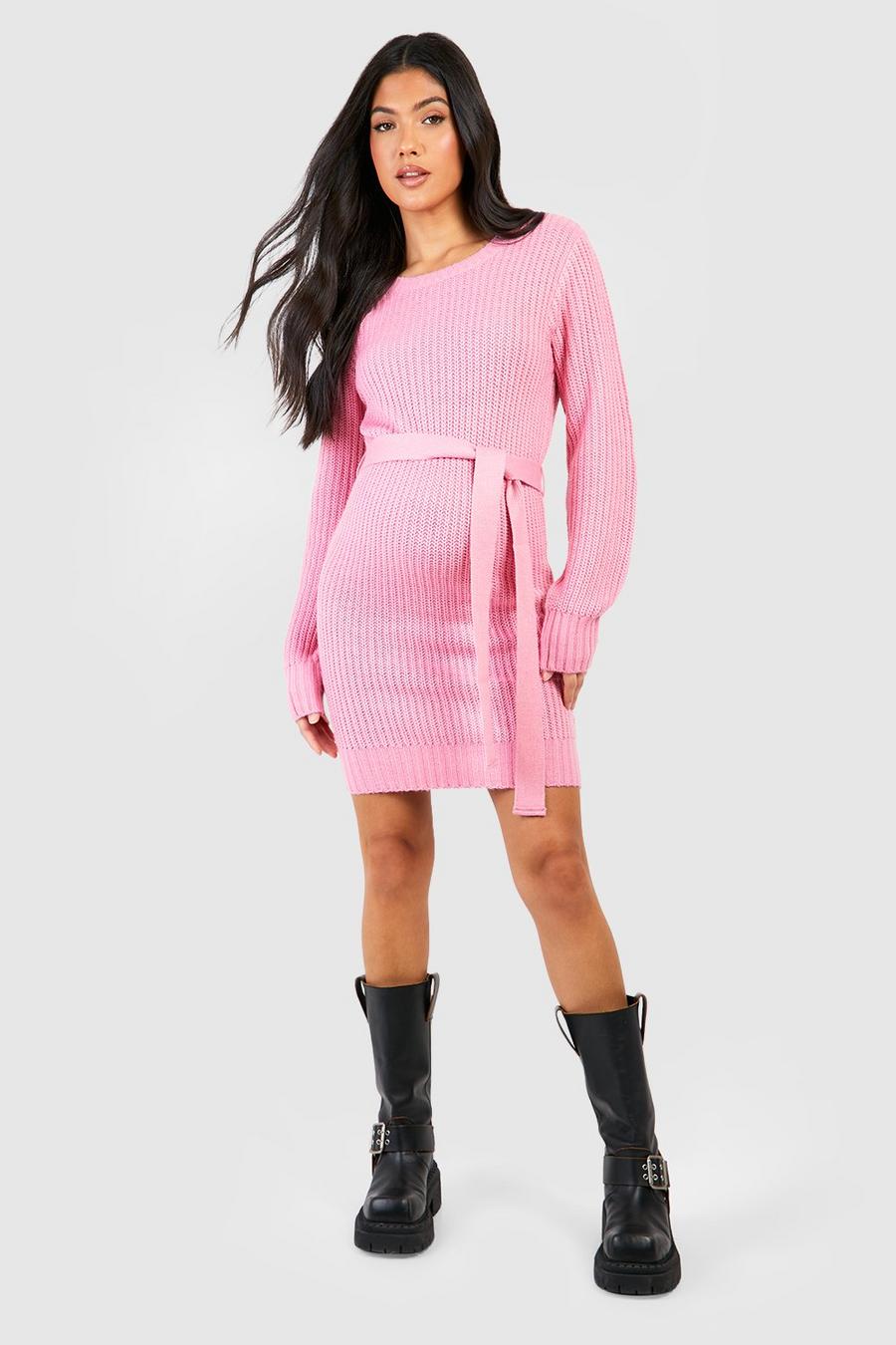 Pink Maternity Soft Knit Tie Waist Sweater Dress