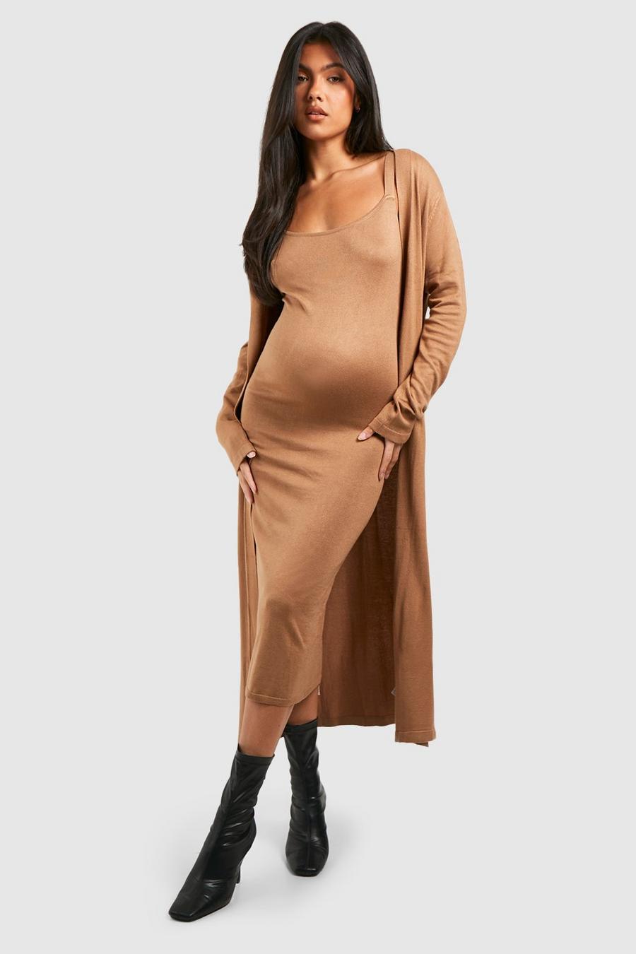 Mocha Maternity Knitted Midi Dress And Duster Set