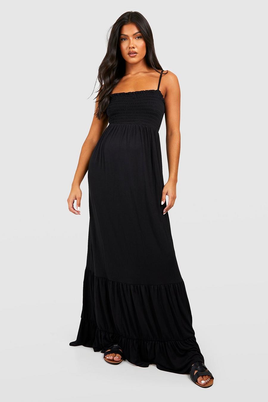 Black Maternity Shirred Strappy Tiered Maxi Dress