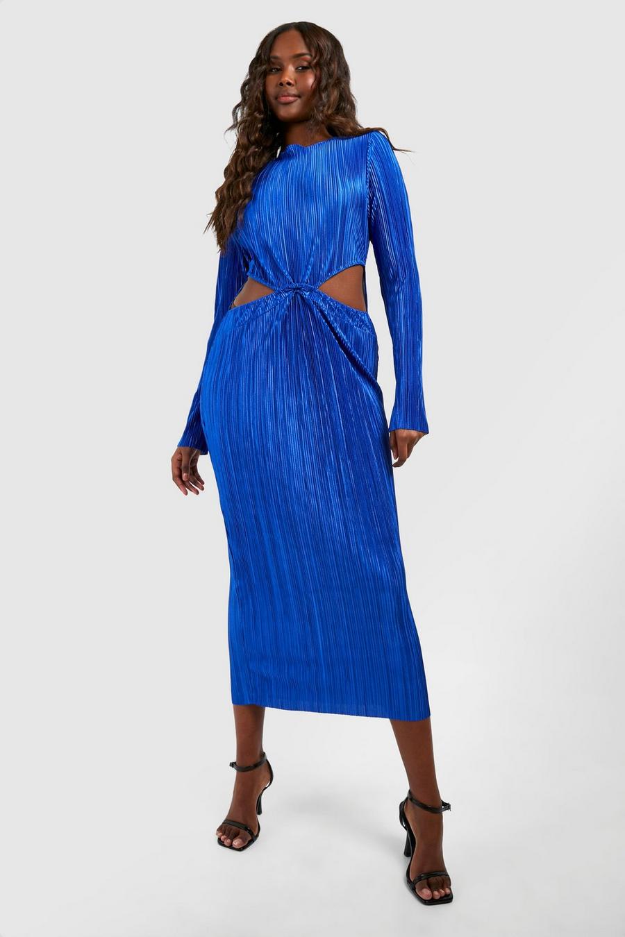 Robe longue plissée découpée, Cobalt