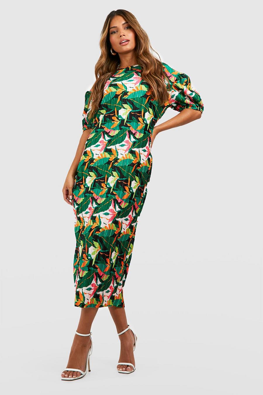 Multi Tropical Plisse Puff Sleeve Midi Dress