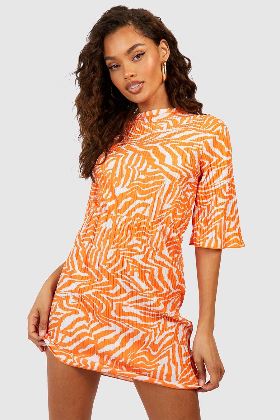 Kastiges Plissee T-Shirt-Kleid mit Zebraprint, Orange