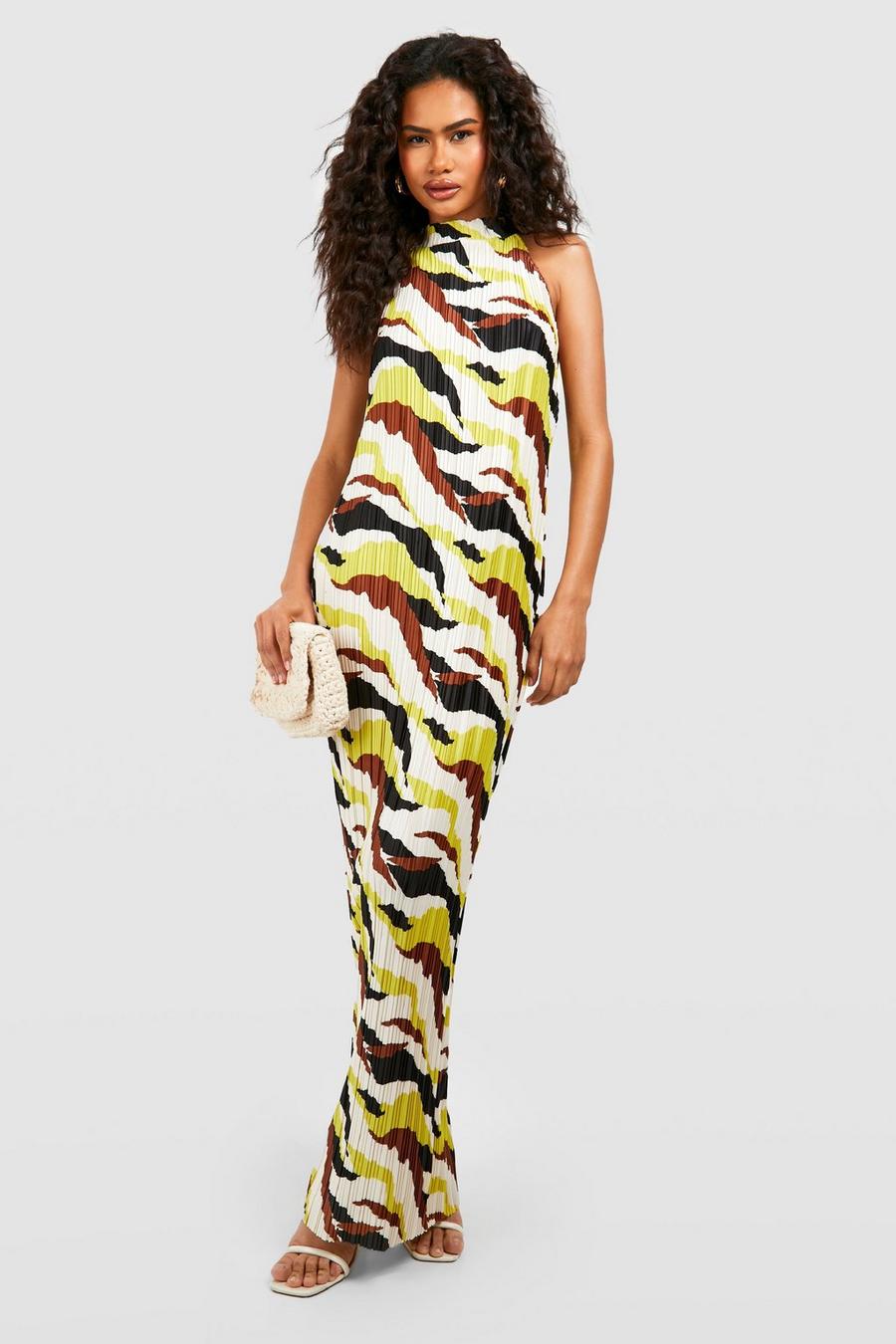 Lime Abstract Plisse Halter Maxi Dress image number 1
