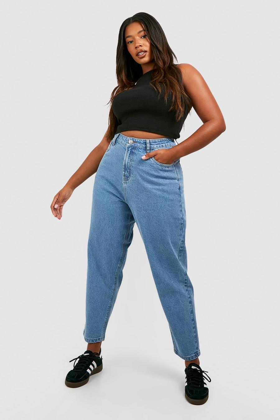 Plus Basic Mom-Jeans mit hohem Bund, Mid blue