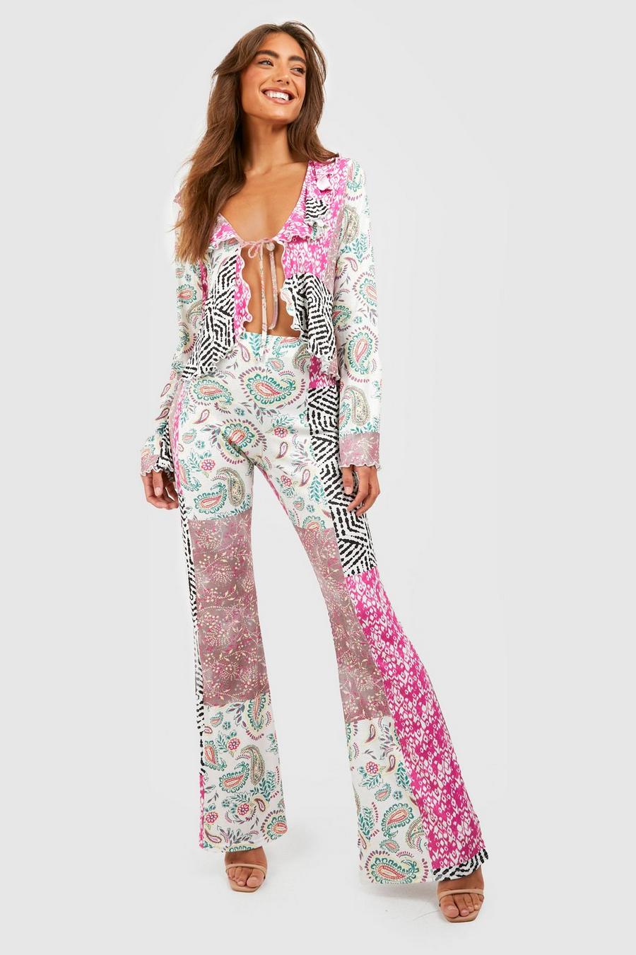 Pink Printed Frill Tie Blouse & Flared Trouser Set