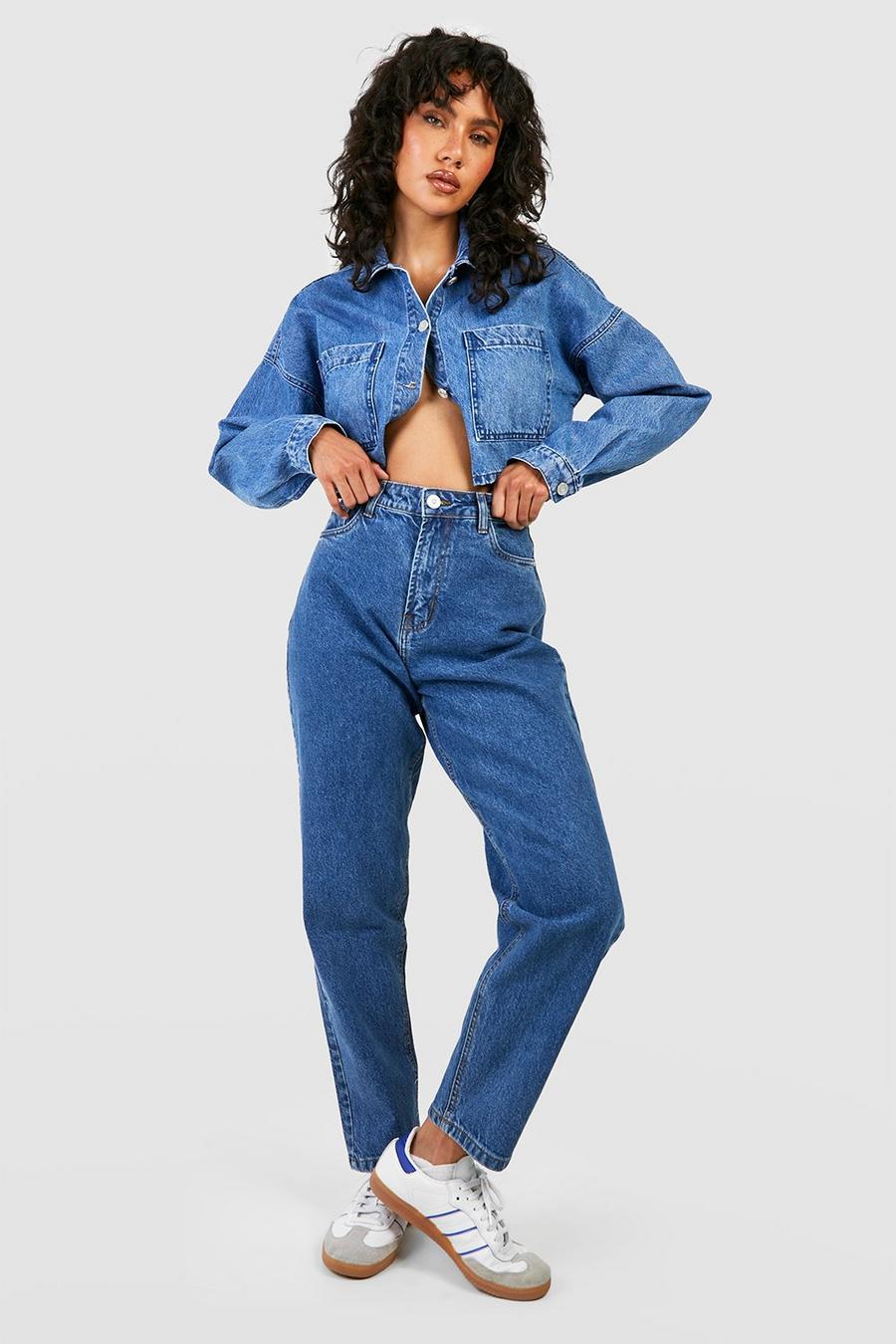 Basic Mom-Jeans mit hohem Bund, Mid blue