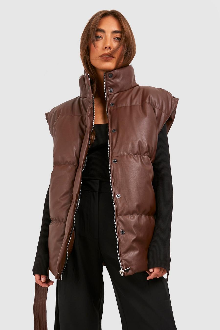 Chocolate Faux Leather Belted Gilet image number 1