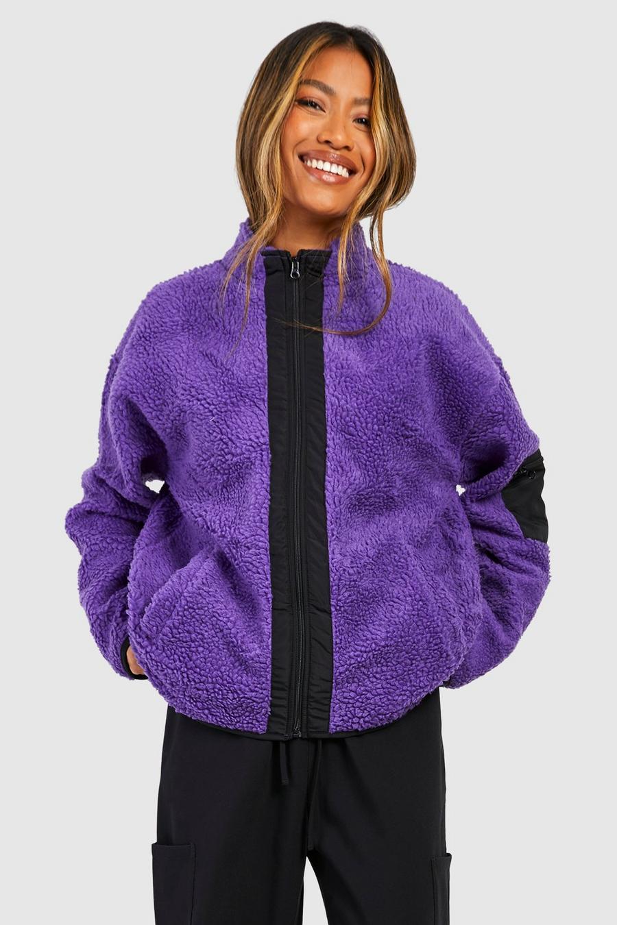 Kontrast Nylon Teddy-Jacke mit Utility-Tasche und Reißverschluss, Purple image number 1