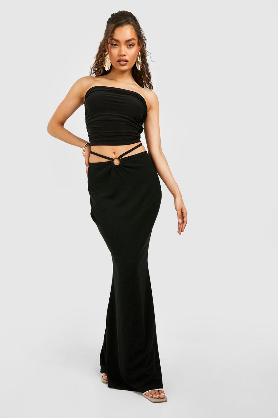 Black Strappy Wooden Ring Detail Textured Maxi Skirt