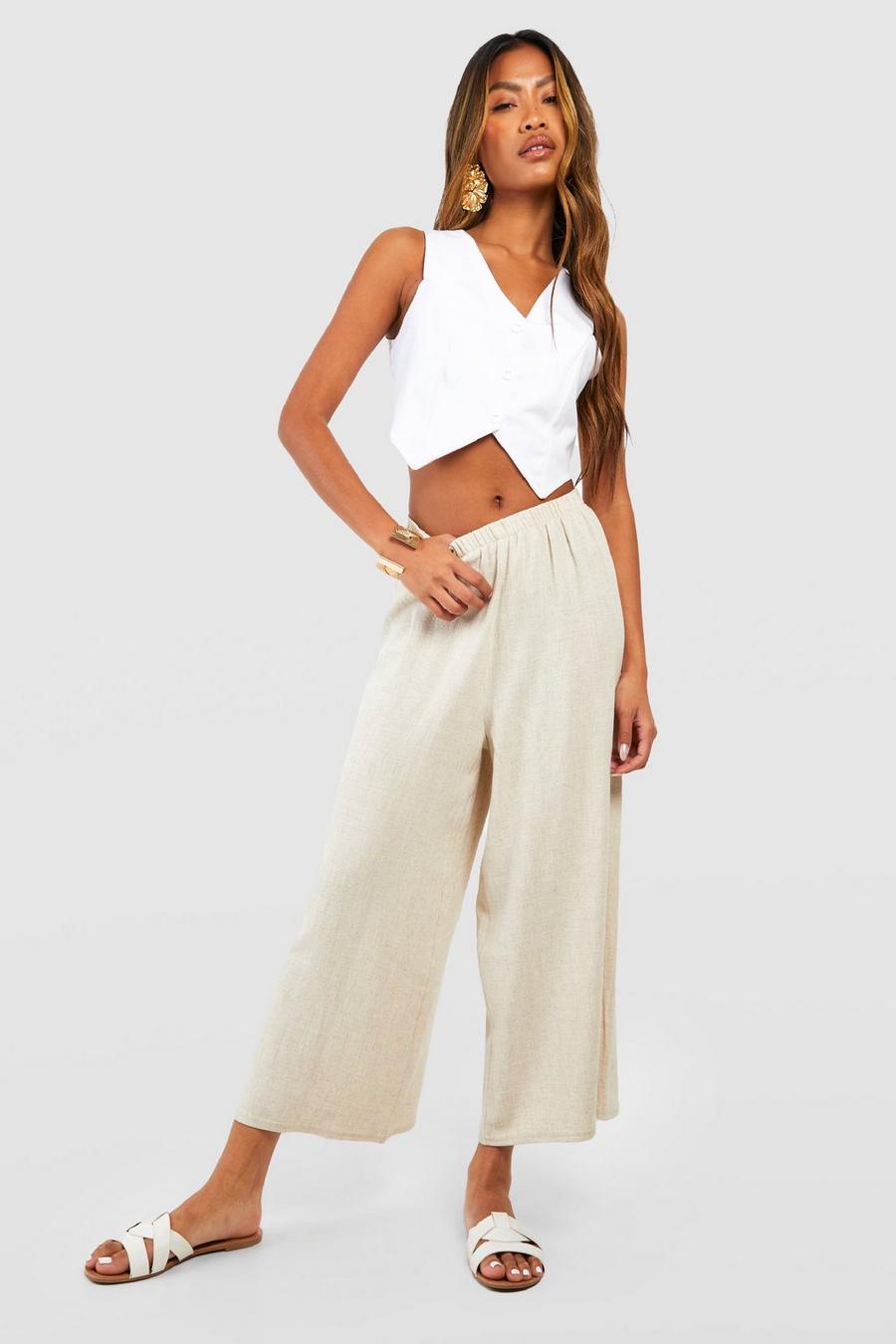 Natural Linen Blend Cropped Wide Leg Trousers