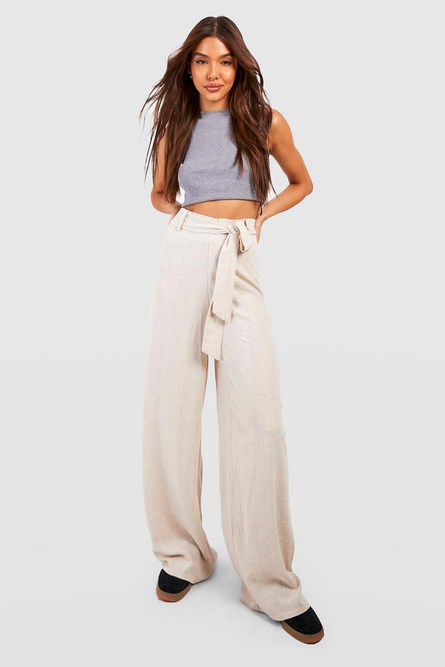 Natural Linen Blend Super High Waisted Belted Wide Leg Pants