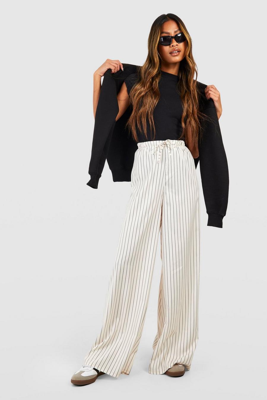 Cream Stripe Wide Leg Floaty Trousers image number 1