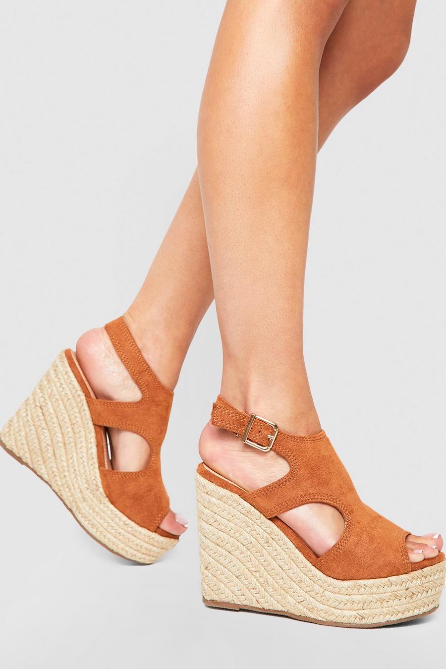 Tan Wide Fit Cut Out Peep Toe Wedges