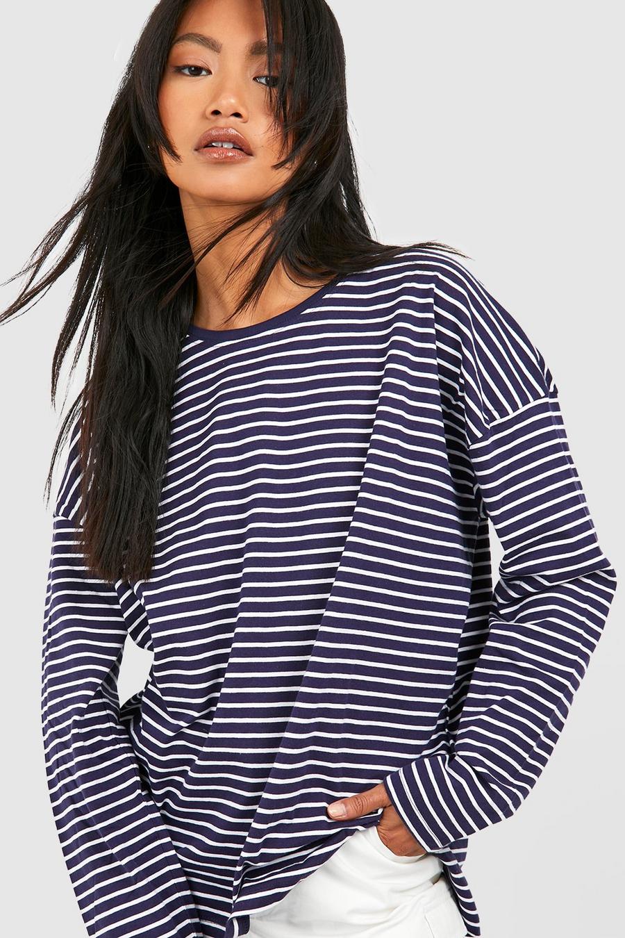 Langärmliges gestreiftes Rundhals T-Shirt aus Baumwolle, Navy