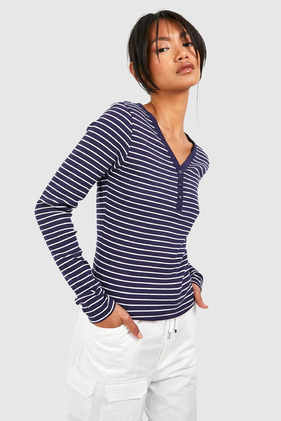Long Sleeve Striped Button Detail Top