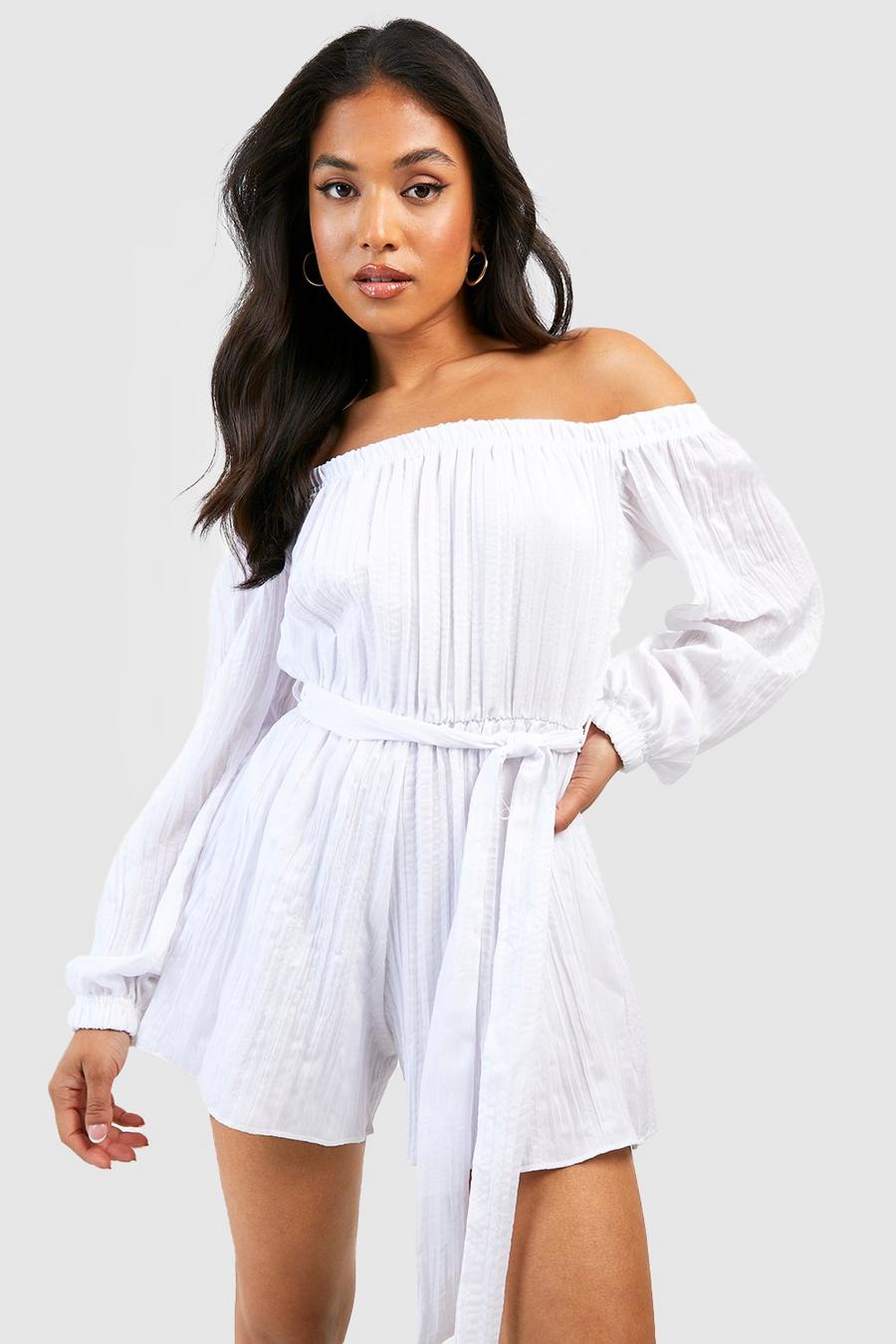 Petite Textured Woven Off The Shoulder Puff Sleeve Romper