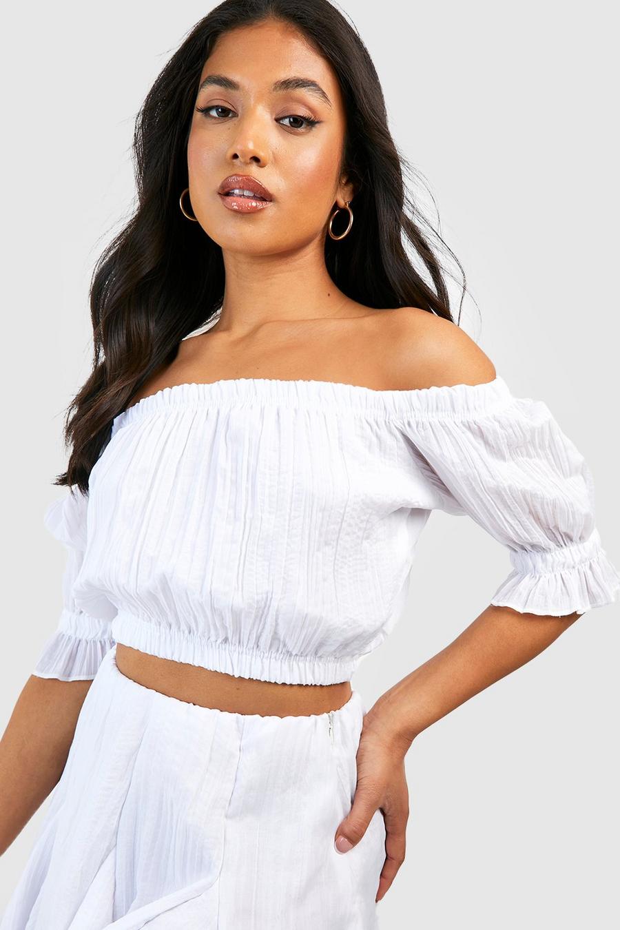 White Petite Textured Woven Bardot Puff Sleeve Top image number 1
