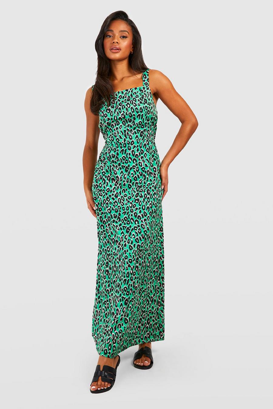 Vestido maxi de tirantes con estampado de leopardo, Green