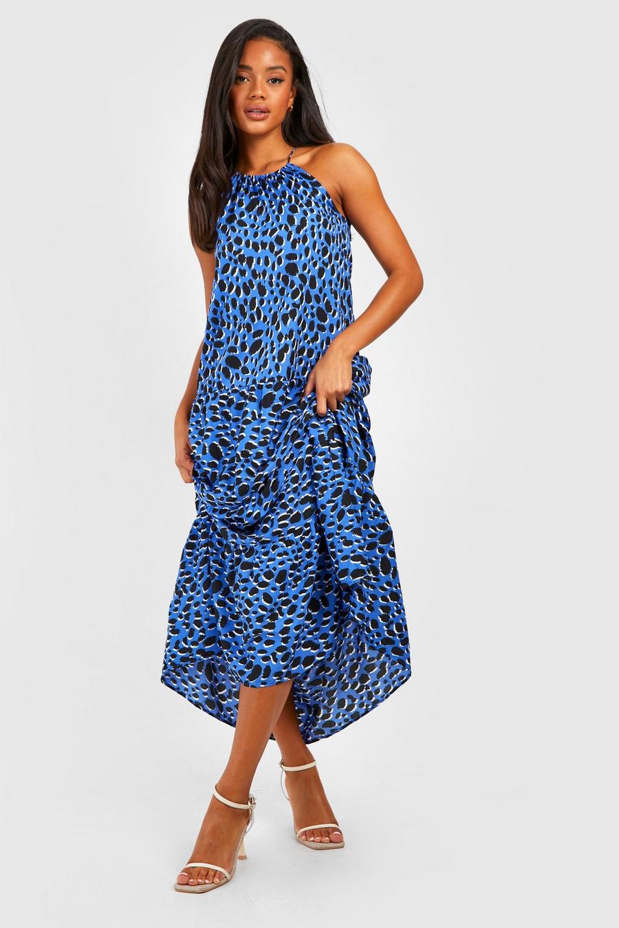 Blue Leopard Halterneck Tiered Maxi Dress