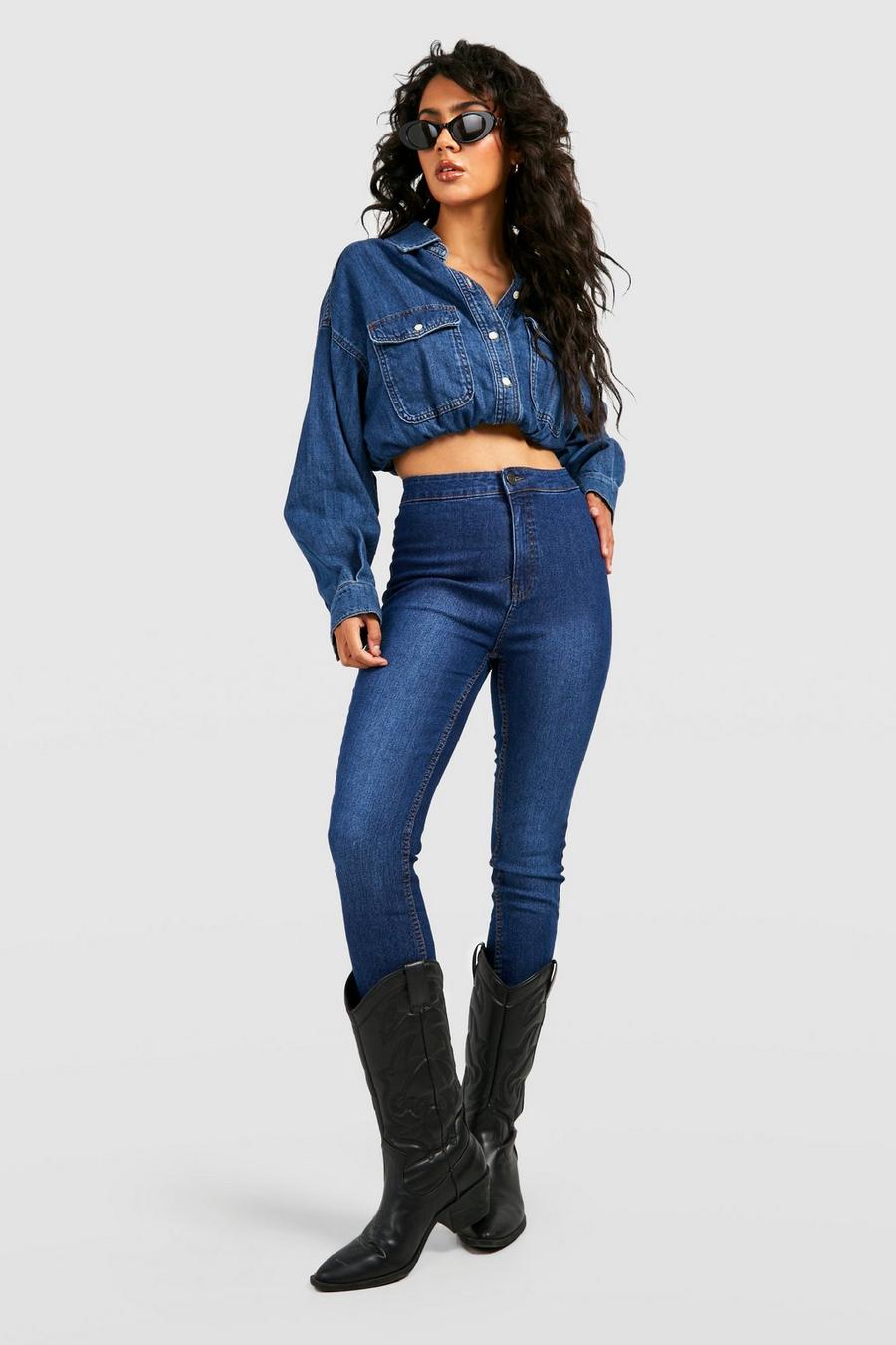 Mid blue Stretch Skinny Jeans Met Hoge Taille