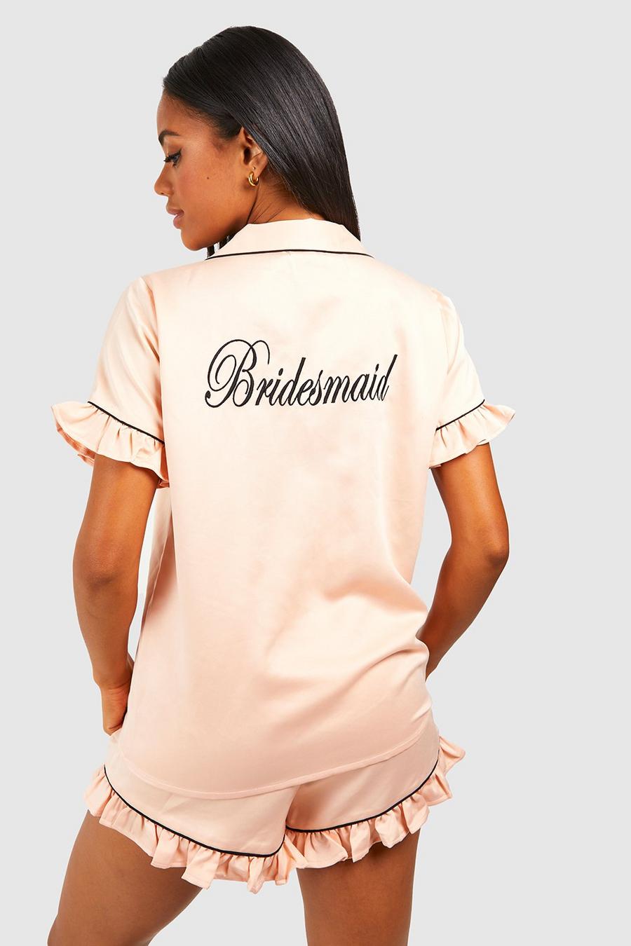 Premium Pyjama-Set mit Rüschen und Bridesmaid-Stickerei, Rose gold