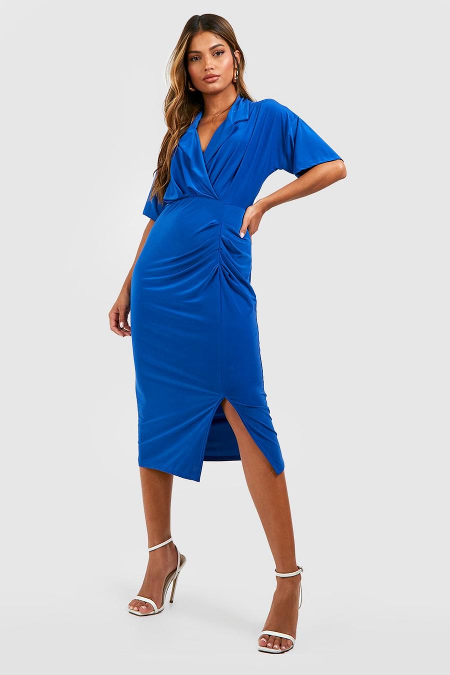 Vestido camisero midi cruzado ceñido, Cobalt