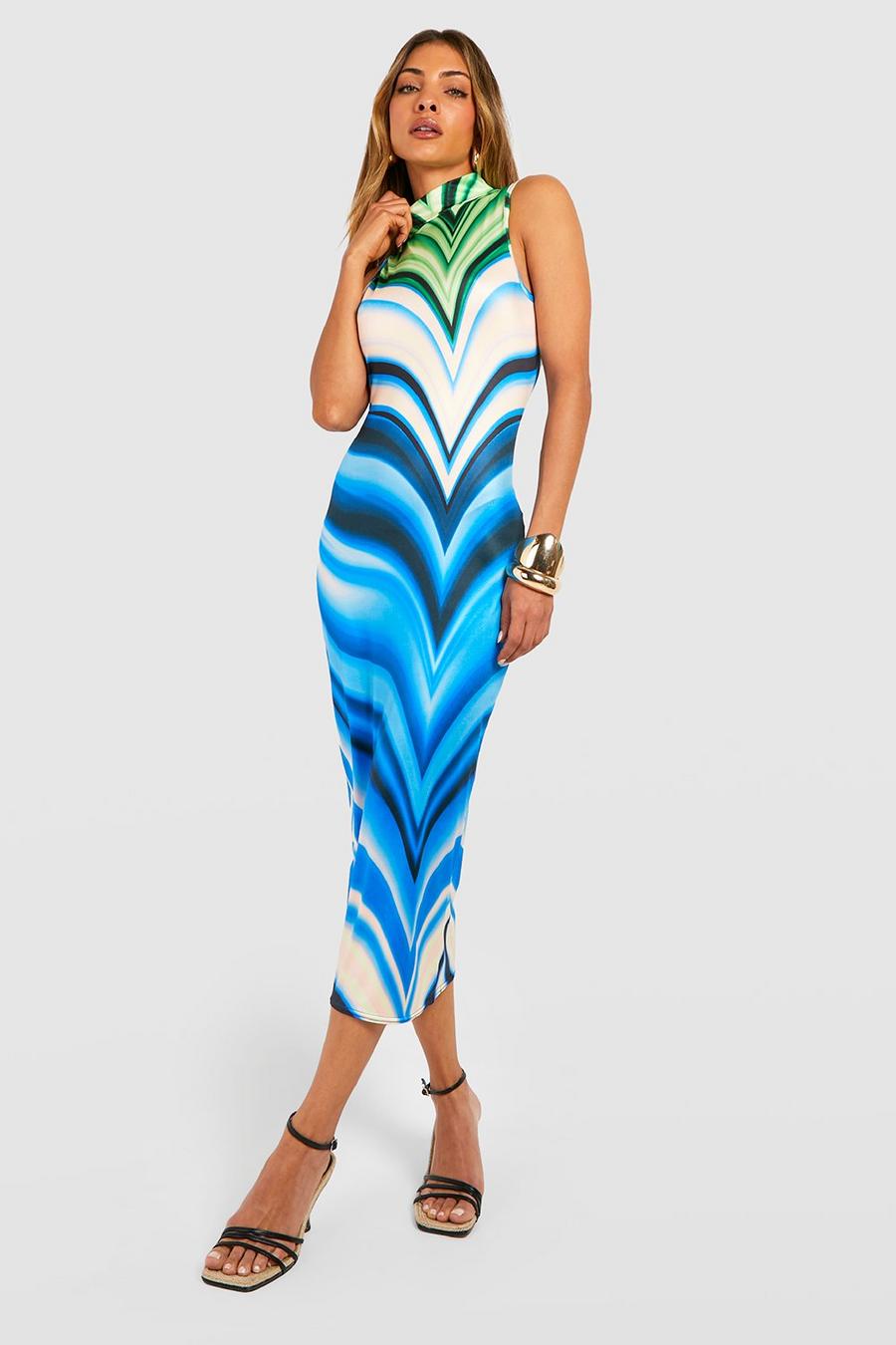 Blue High Neck Abstract Slinky Midi Dress