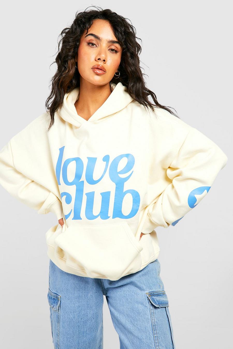 Ecru Love Club Puff Print Slogan Oversized Hoodie 