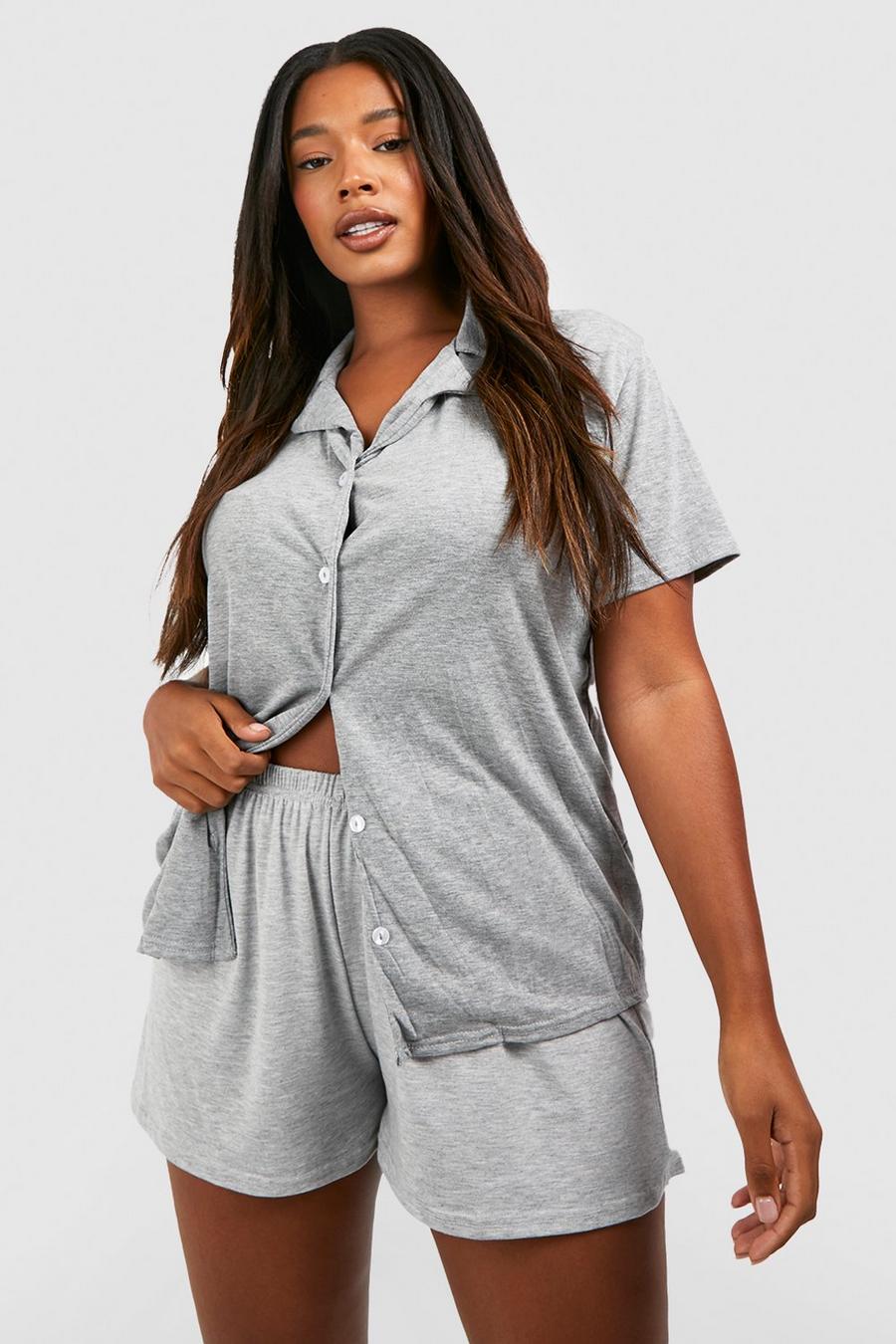 Pantalón corto Plus de pijama de tela jersey aterciopelada, Grey
