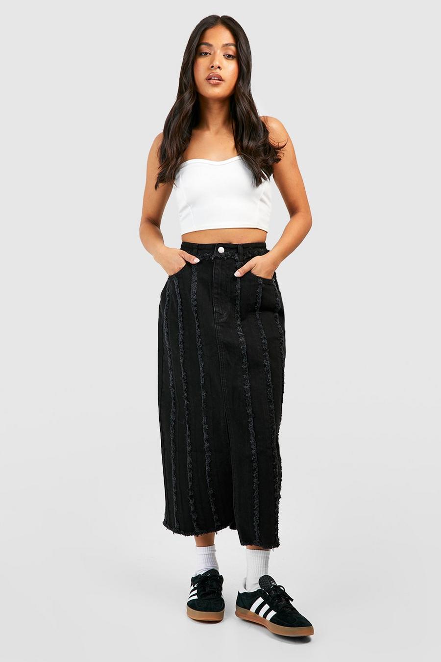 Black Petite Distressed Frayed Denim Midi Skirt