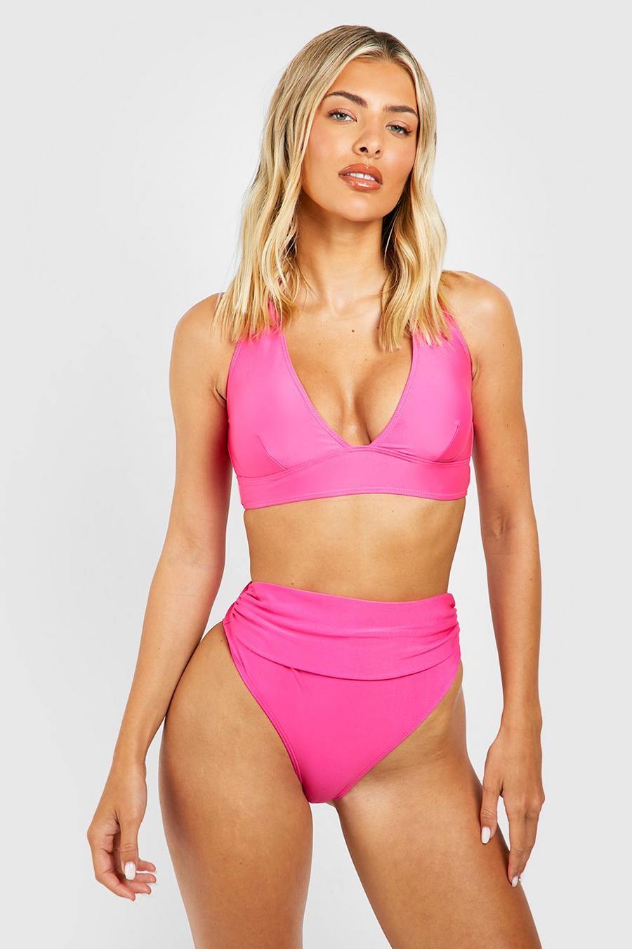 Geraffte Shaping-Bikinihose mit hohem Bund, Pink