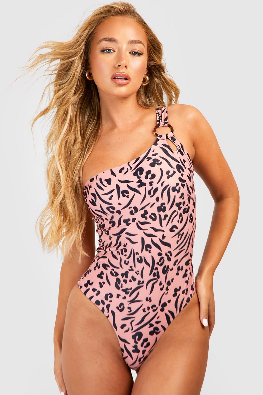 Brown Tiger Tummy Control O-ring One Shoulder Swimsuit