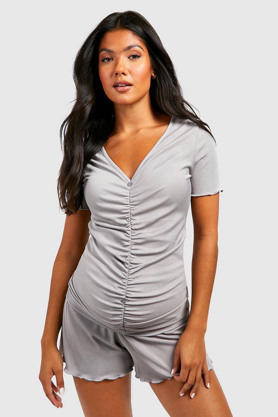 Grey marl Zwangerschap Geribbelde Doorknoop Pyjama Set Met Shorts
