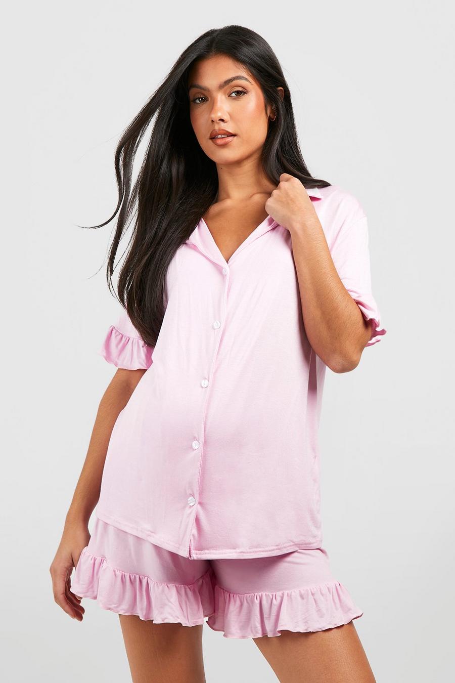 Umstandsmode kurzes Pyjama-Set mit Knopfleiste und Rüschensaum, Pink